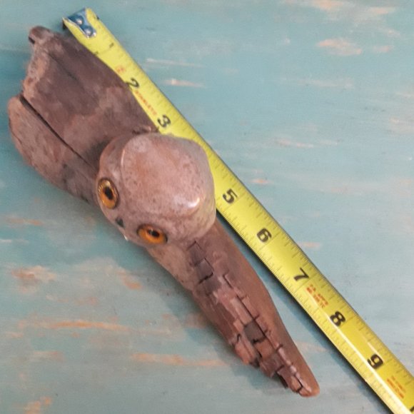 Pottery Clay Owl on Driftwood Artist Signed Glass Eyes Bird Themed Art - Picture 15 of 15